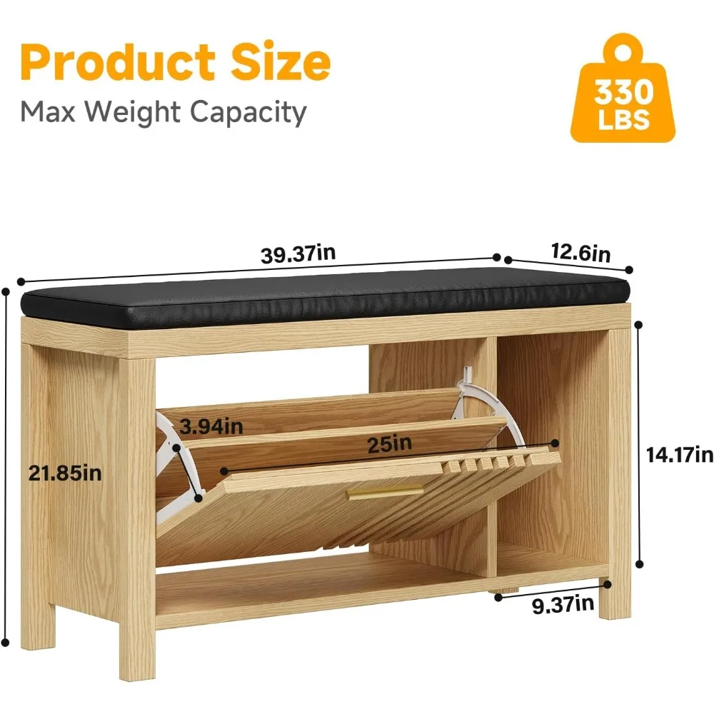مقعد تخزين قابل للطي مقاس 40 بوصة مع وسادة ورف قابل للتعديل وأبواب شرائحية لتخزين الأحذية في المدخل #2