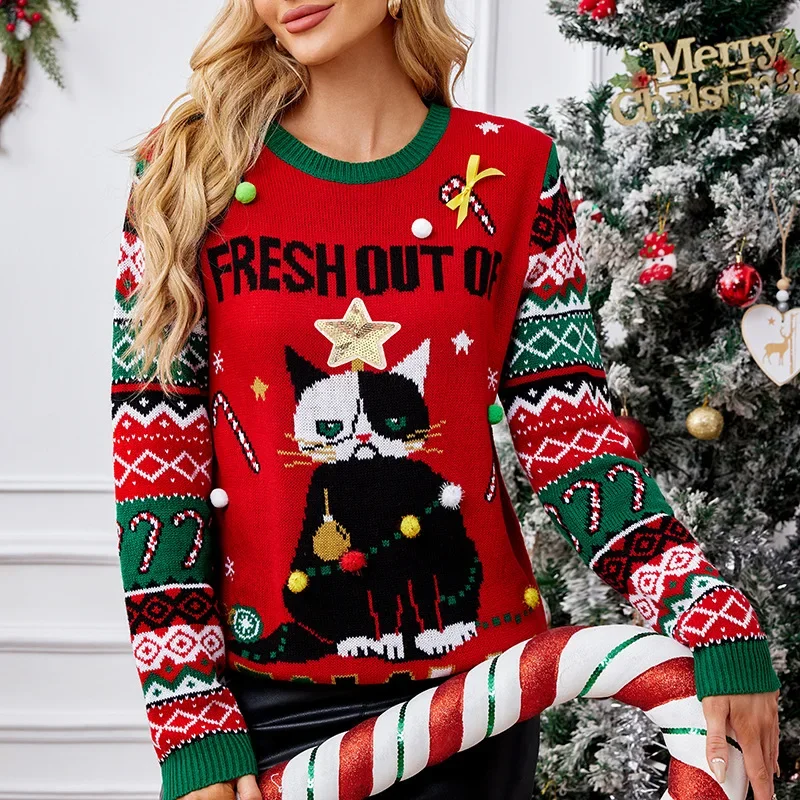 

Print Jacquard Pullover Xmas Look Top Winter 2025 Women's Christmas Knitted Jumpers Full Sleeve O Neck Warm Soft Sweater Cartoon