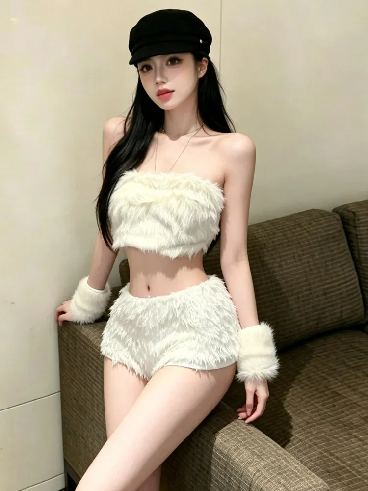 Club DJ Bar Dancing Sexy Girl One Shoulder Furry Crop Top Vest Wide Leg Straight Short Pants Set Fashionable Night Outfit