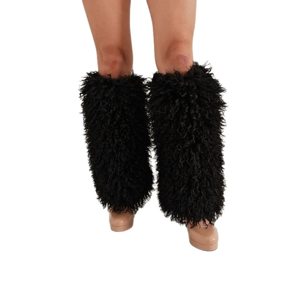 Harajuku Style Faux Fur Curly Furry Leg Warmers 40cm Solid Color Lolita Boots Cover Thickened Sweet Warm Knee Sleeve Women