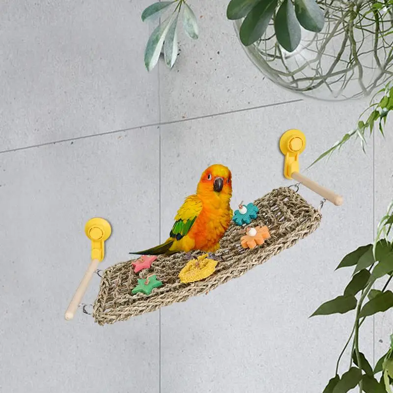 Bird Hammock For Cage Bird Hammock Woven Bird Net Suction Cup Bird Toys Swing Perch Ladder Climbing Hammock Parrot Swing Chew To