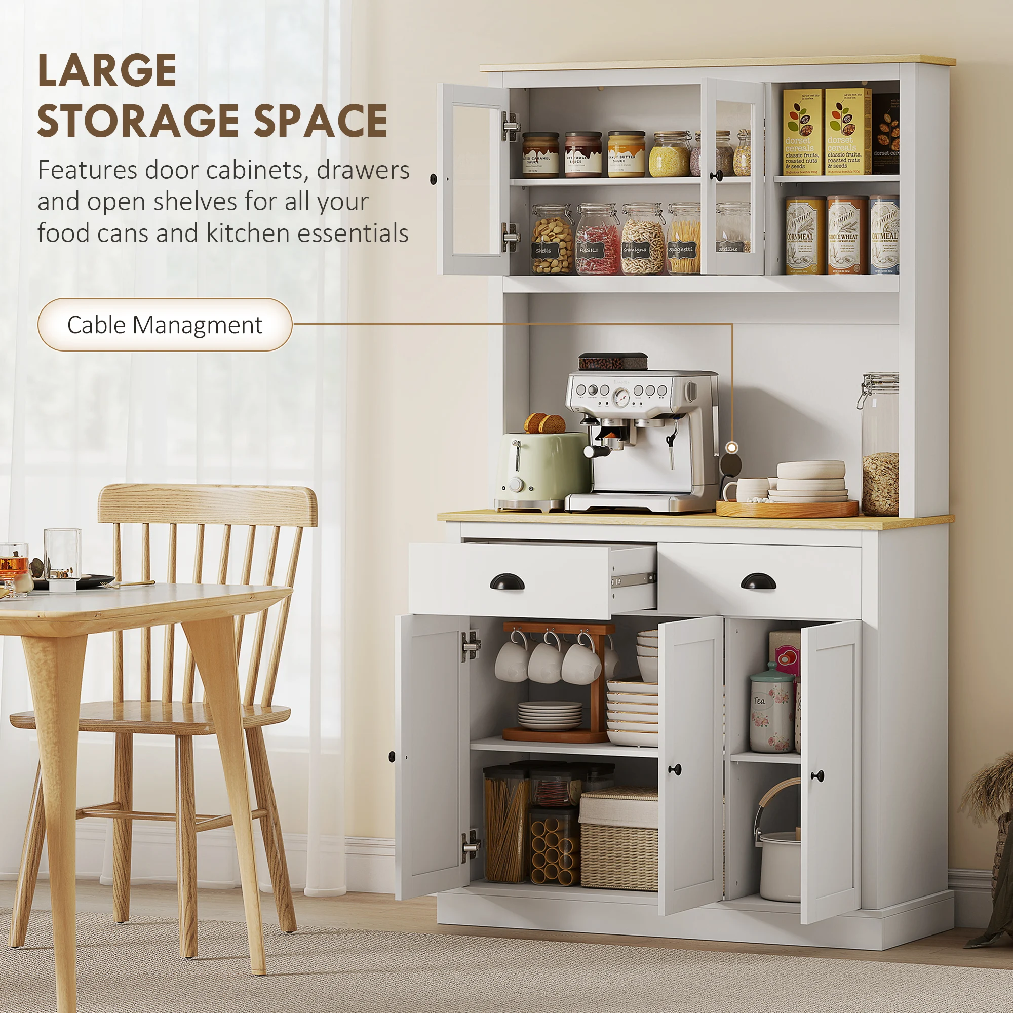 HOMCOM Kitchen Pantry Storage Cabinet with Microwave Stand, 71" Modern Kitchen Hutch with Open Countertop, Glass Doors, Storage Drawers and Adjustable Shelves for Dining Room, Coffee Bar, White image 4