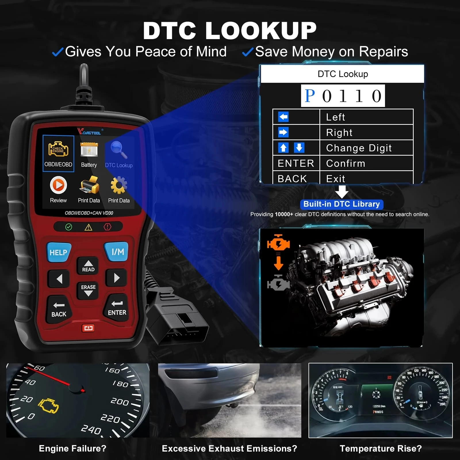 VDIAGTOOL VD30 OBD2 Scanner Car Code Reader Engine Diagnostics Tool DTC Lookup Turn Off CEL Voltage Test For All OBDII Vehicles