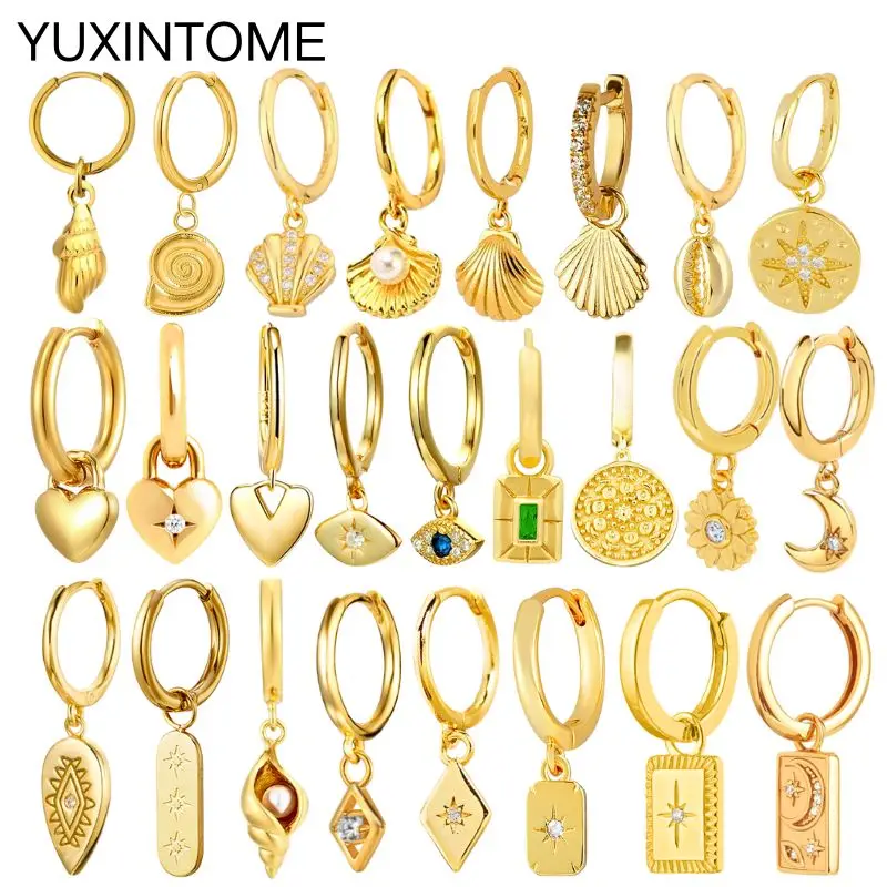 

925 Sterling Silver Needle Vintage Square Round Pendant Earrings For Women Crystal Shell Geometric Earrings Fashion Jewelry