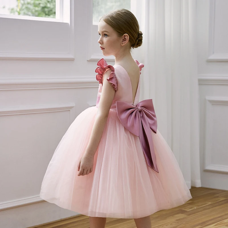 키즈 공주 백리스 푹신한 드레스 민소매 우아한 활 소녀 생일 파티 드레스 결혼식 가운을위한 꽃 소녀 드레스
