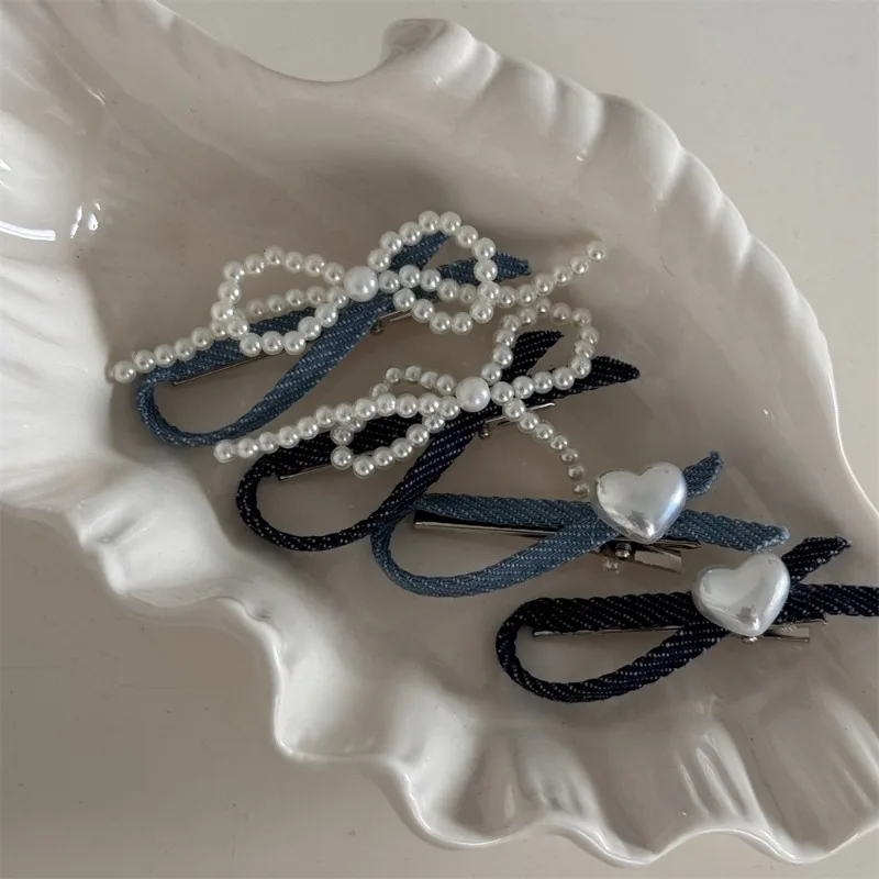 2024 New Korean Style Blue Denim Pearl BowKnot BB HairClips Side Clip with Kawayi Hairpin Barrettes Accessories for Women