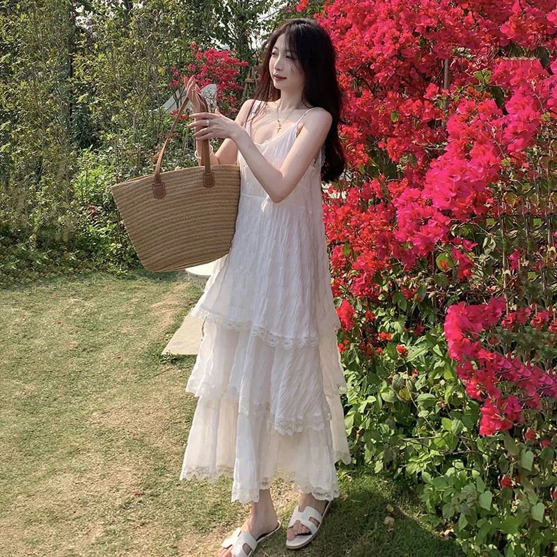 Lace Patchwork Camis Dress Women French Elegant Spaghetti Straps White Dress Y2K Summer Sweet Bohemia Femme A-Line Vestidos