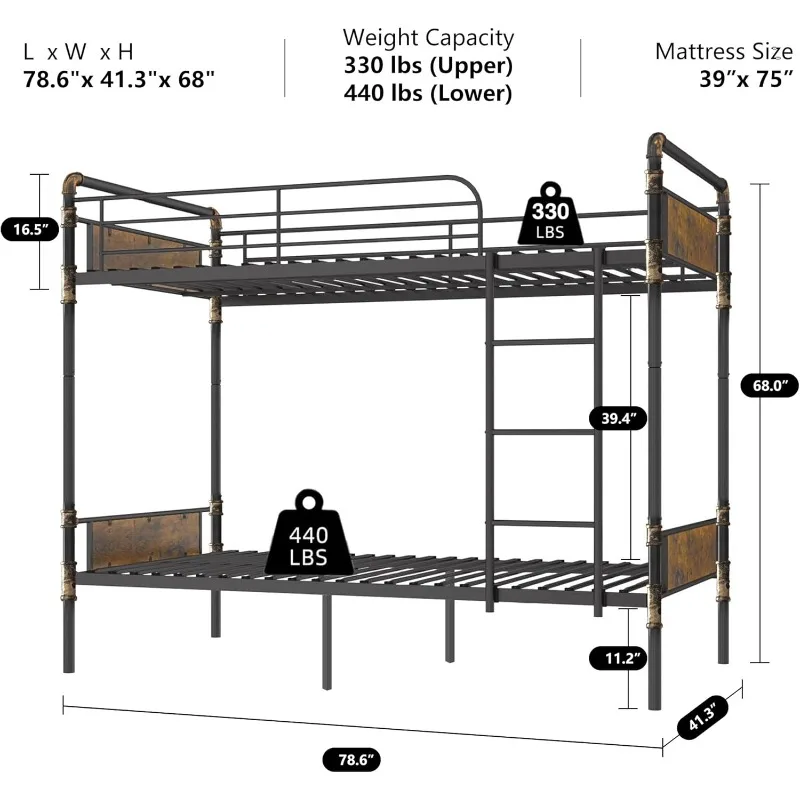 2 in 1 Metal Double Beds, Convertible Double Beds Into 2 Children's Double Beds, 16.5 