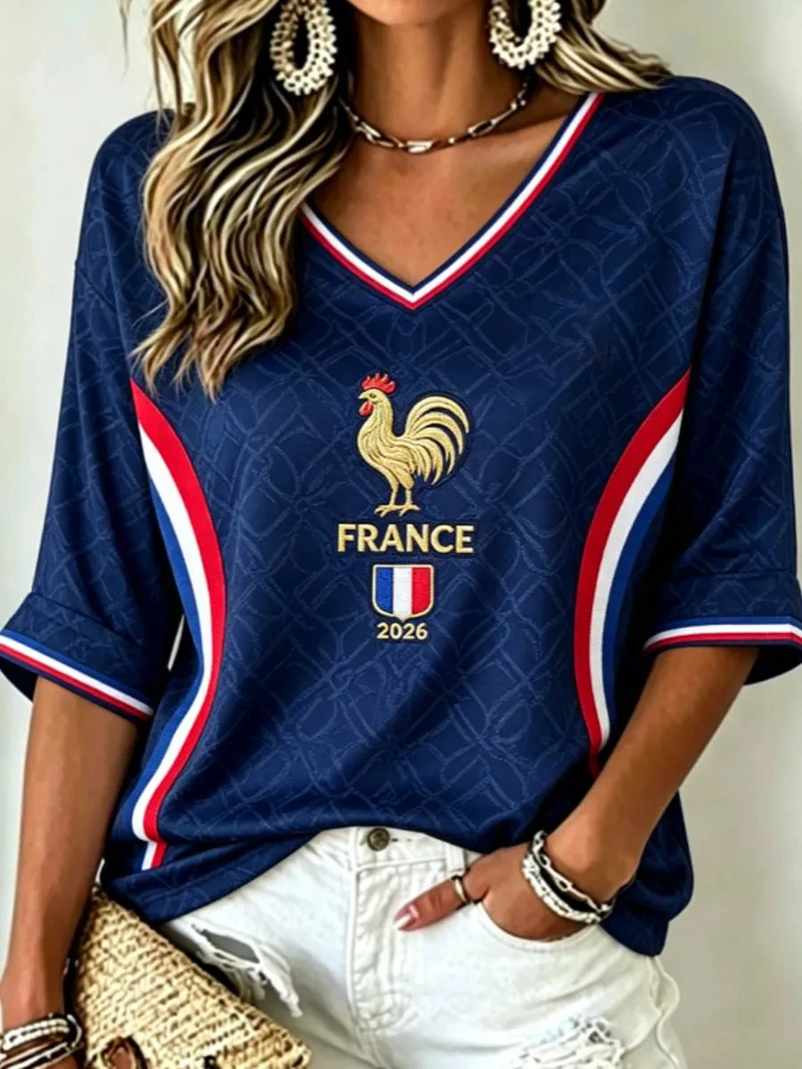Women's France Mid-length Sleeves V-Neck T-Shirt Football Cultural T-Shirt