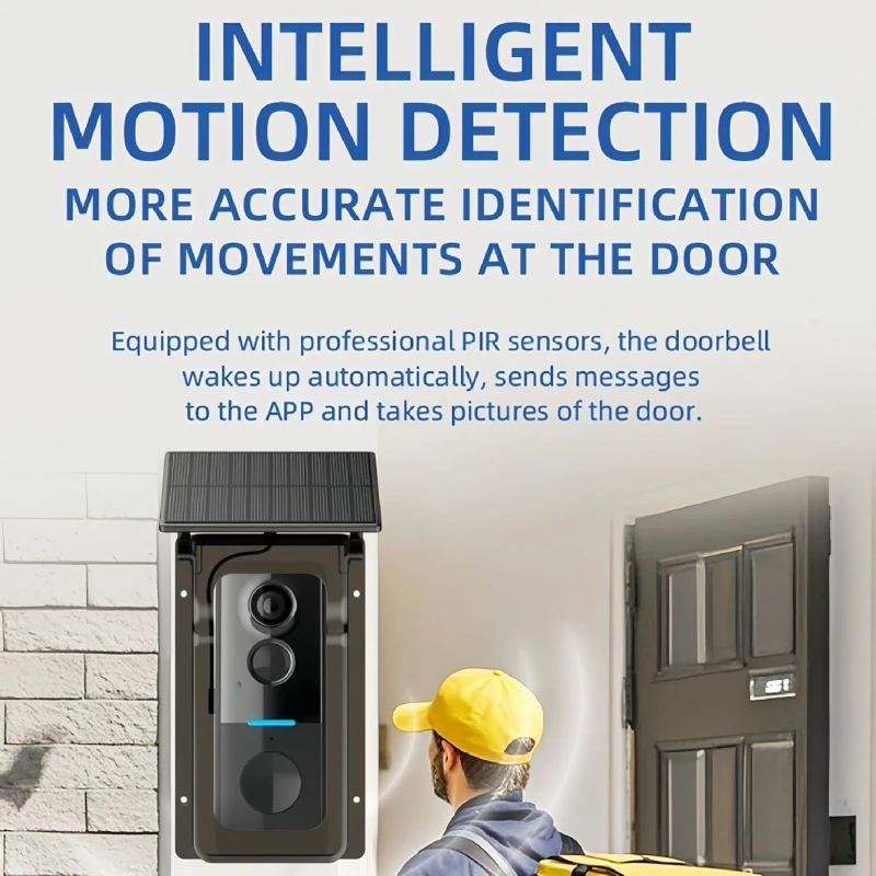 Wireless 2-Way Intercom Video Doorbell with Solar Rain Cover HD Motion Detection Night Vision Monitoring Voice-Changing Doorbell
