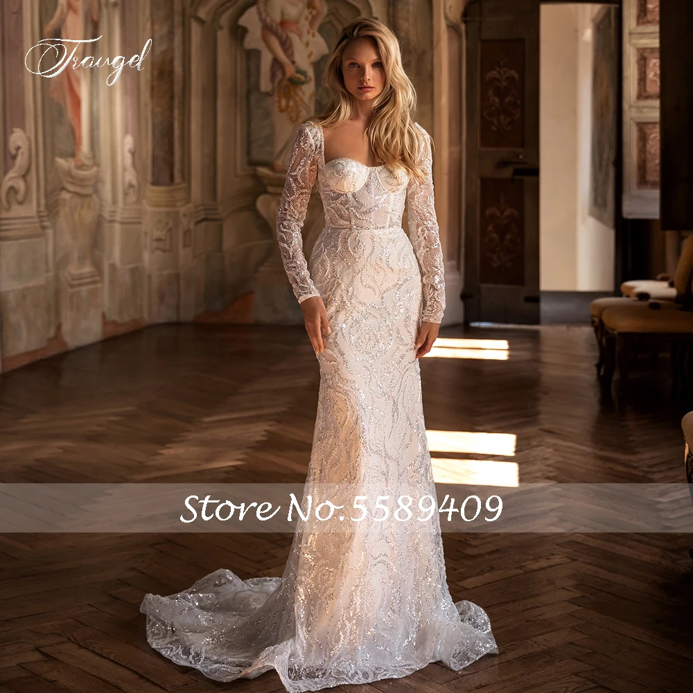 Traugel luxo gola quadrada manga longa rendas sereia vestidos de casamento requintado frisado destacável trem trompete vestido de noiva