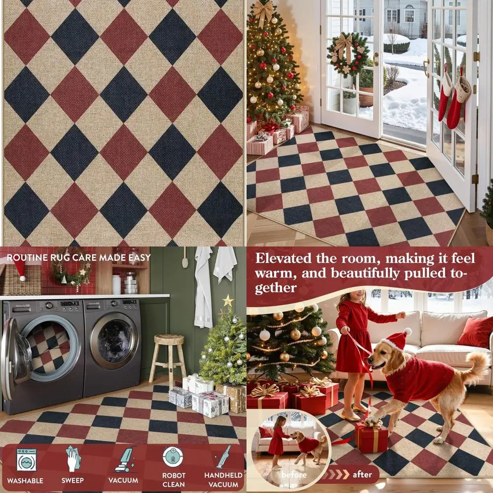 

3x5 Plaid Christmas Rug for Outdoor Entryway - Red and Black Checkered Carpet for Patio and Porch