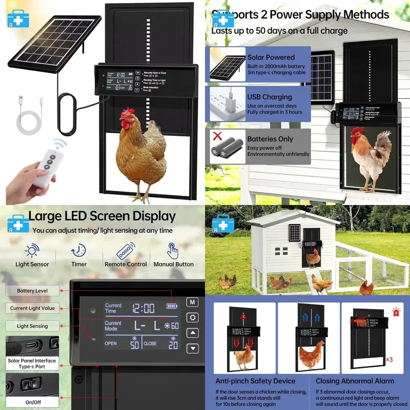 Puerta solar para gallinero, puerta automática para pollos con energía solar y carga USB, puerta automática para pollos,