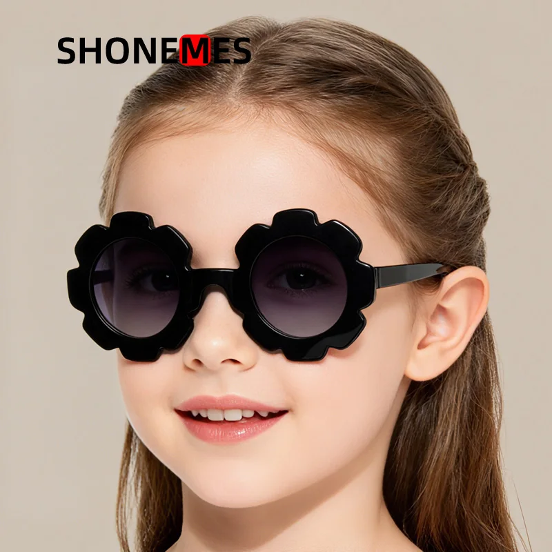 Shonemes Round Children Sunglasses Stylish Flower Sun Glasses Outdoor UV Protective Gradient Shades Black White Pink for Girls