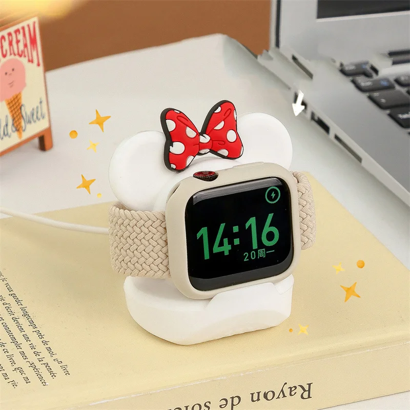 Support de chargeur en silicone avec nœud de dessin animé mignon, support de bureau pour Apple Watch Series 7, 6, SE, 5, 4, 3, iWatch 45mm, 44mm,