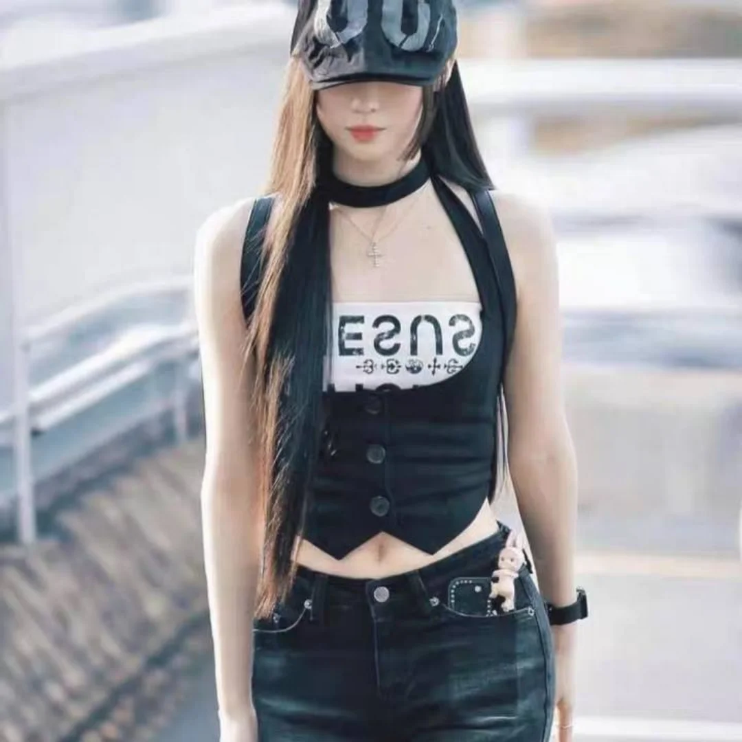 

Summer black fashion star streetwear top, open top sleeveless full button vest, women's streetwear top, women's tight corset