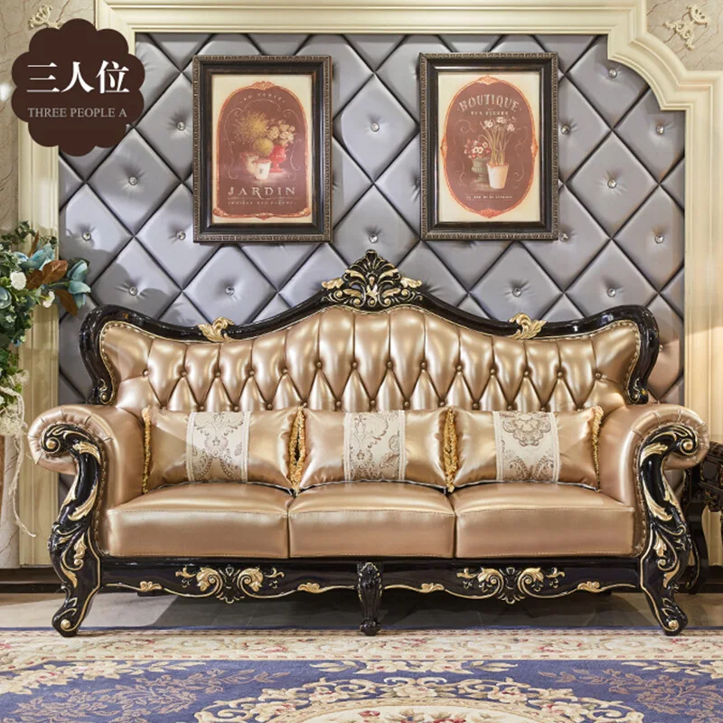 European Leather Sofa 123 Living Room Combination Solid Wood Carving First Layer Leather Large Apartment Villa High-end Classica