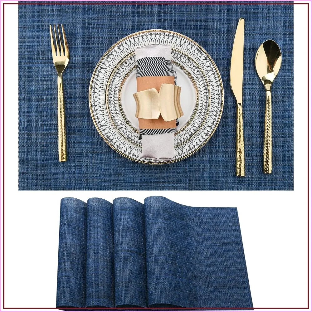 Easy Clean Vinyl Placemats Set of 4 - Heat Resistant & Washable Table Mats, 17x12 Inch, Navy Blue