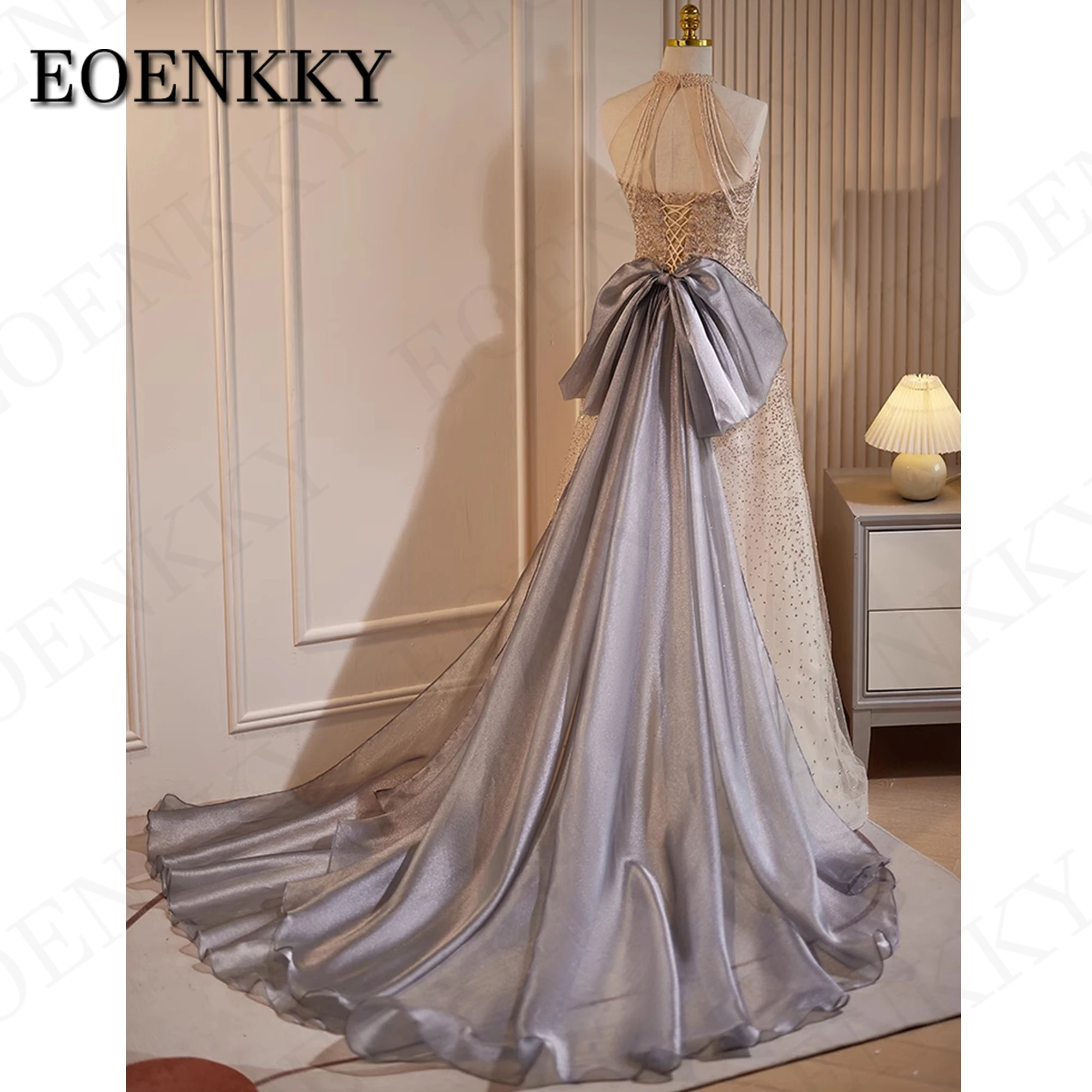 Elegant Halter Sparkly Prom Dress With Bow Detachable Train Saudi Arabia Beading Glitter A Line Party Dresses فساتين حفلة موسيقي