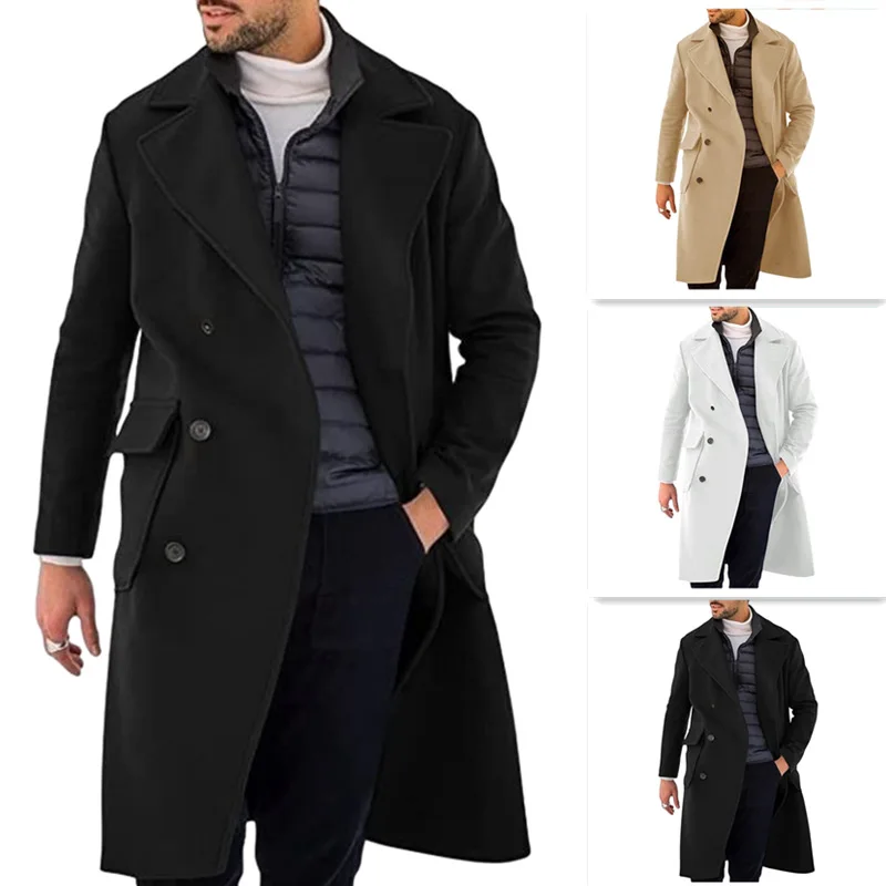 

New Autumn and Winter Woolen Jackets Men's Coat Thickened Long Double Breasted Wool Jacket Men Long Cotton Coat Blend Jackets