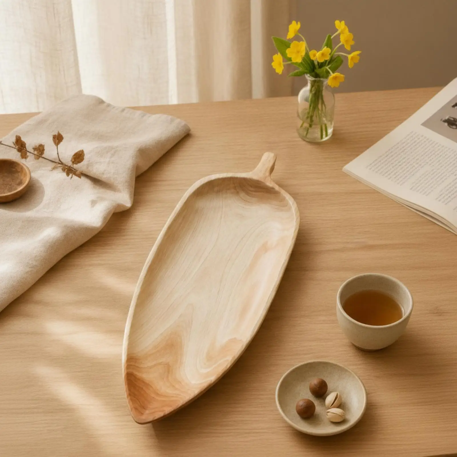 Beech Wood Leaf Serving Tray Elongated Handled Decorative Platter Minimalist Table Storage Tray for Home Use