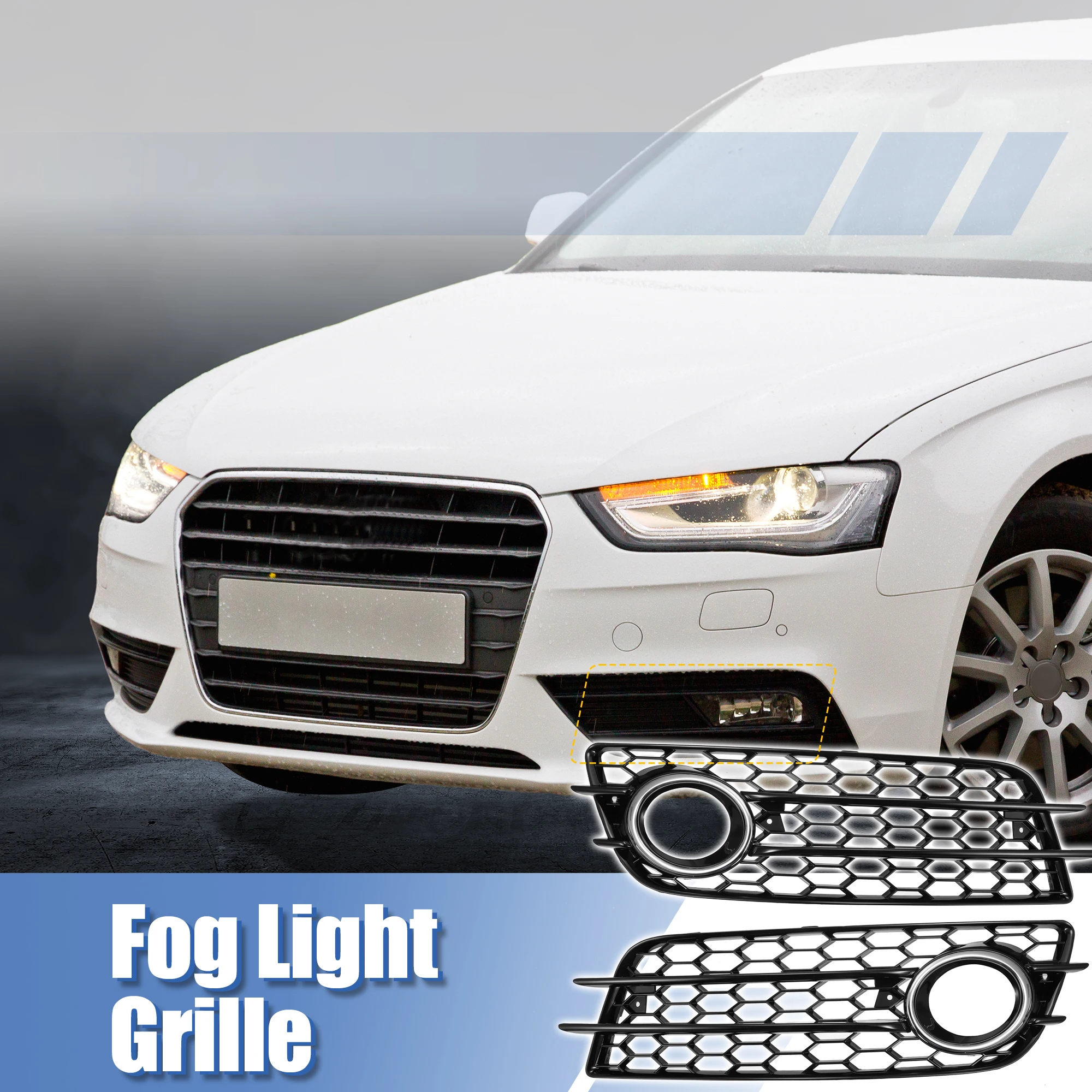 Uxcell Pair Front Fog Light Mesh Grille Honeycomb Type Grill Cover for Audi A4 B8 S-Line S4 2008-2012 8K0807682C 8K0807681C