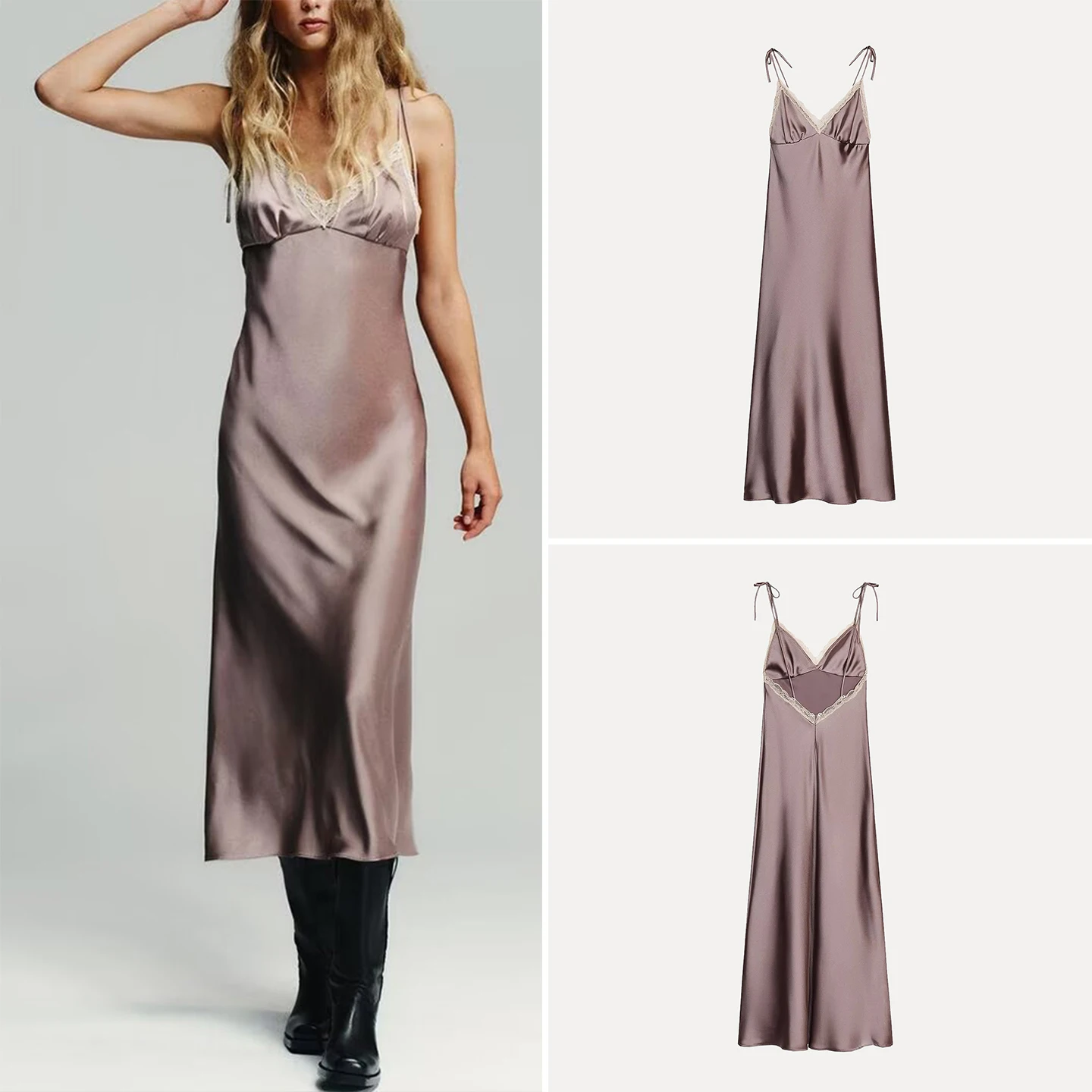 Women's Sle Midi Dr Lace Details Silk Satin Autumn New Arrival 2025 Ele Faionable Casual Daily Wear Z