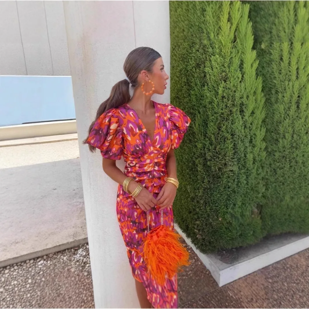Elegant Women's Dresses Summer Print V-neck Tight Short Sleeved Dress Women Vestidos De Fiestas Elegantes Mujer Robe Femmes view 3