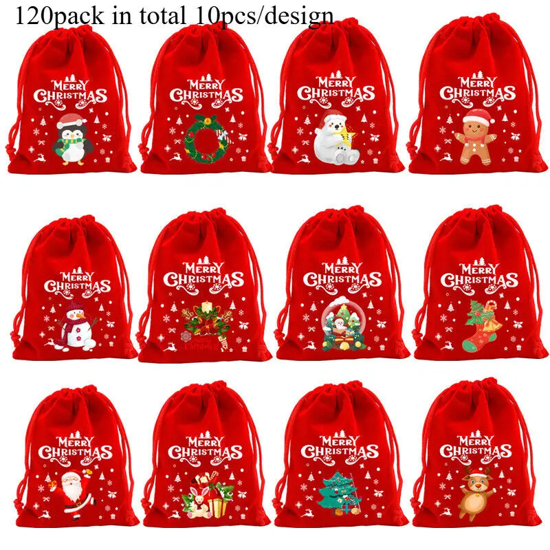 

120pcs Drawstring Christmas Velvet Bags 10X16CM Red Gift Packaging Candy Biscuit Pouch Merry XMAS Bracelet Jewelry Storage Bag