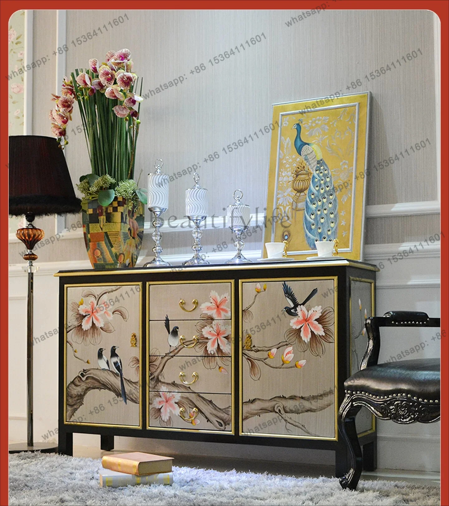 French Chinese style door cabinet partition new Chinese decorative solid wood American side cabinet