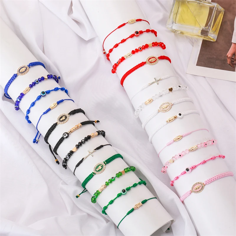 4Pcs Mexican Braclets Virgin Mary San Judas Bracelet For Women Girls Red String Evil Eye Green Beads Anklets Jewelry Gift