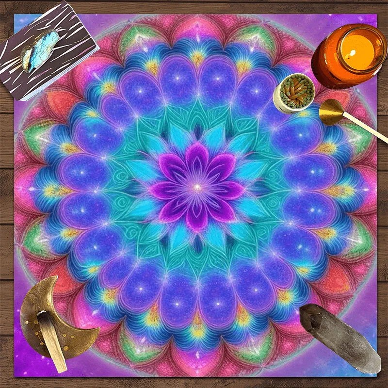 Tapis de Tarot Floral Mandala Vif, Tapis de Divination Spirituelle Mystérieuse en Polyester à Motifs Colorés pour Astrologie et Tarot