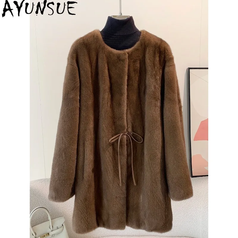 

AYUNSUE Velvet Whole Mink Fur Coat Woman Winter Jacket Mid-length Outerwears Long Sleeve Tops Luxury Woman Clothing Шуба Женская