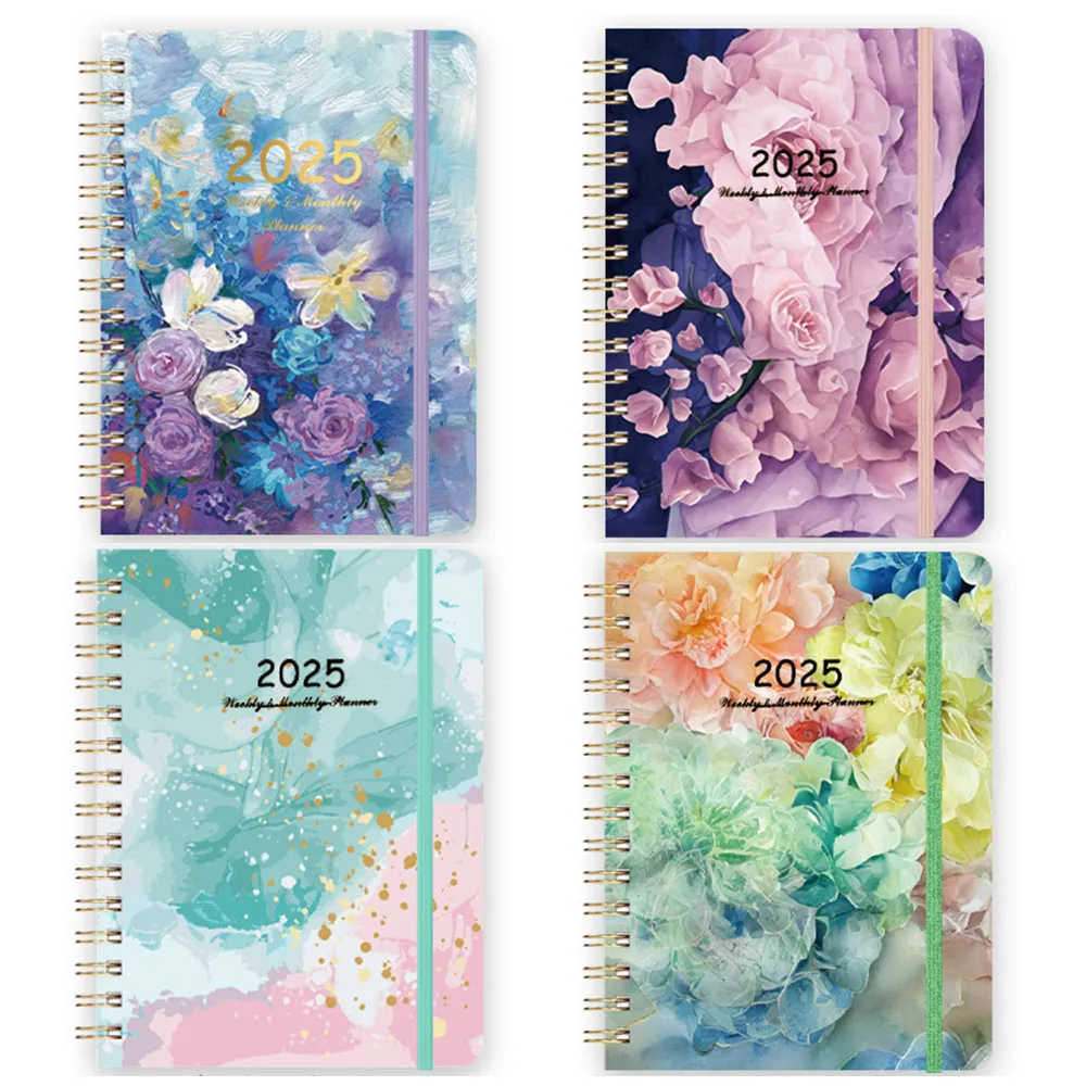 2025 Floral Leaves Pattern English Plan Book Cardboard Cover Calendar 52-week Schedule Student Class A5 Coil Notebook Planner