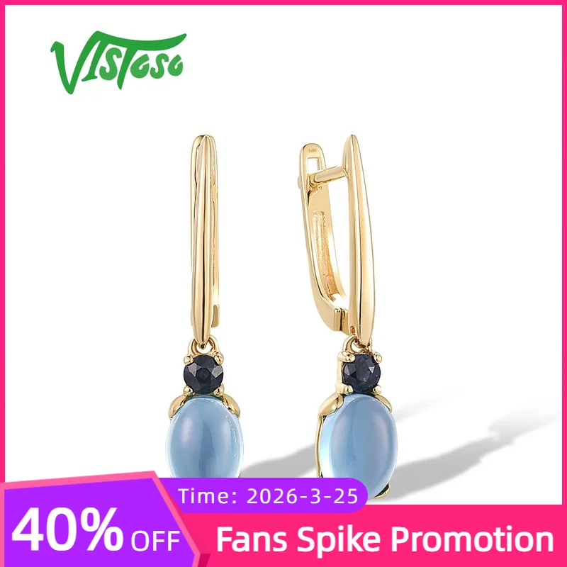 

VISTOSO Pure 14K 585 Yellow Gold Dangling Earrings For Women Blue Sapphire Topaz Trendy Party Elegant Fine Jewelry