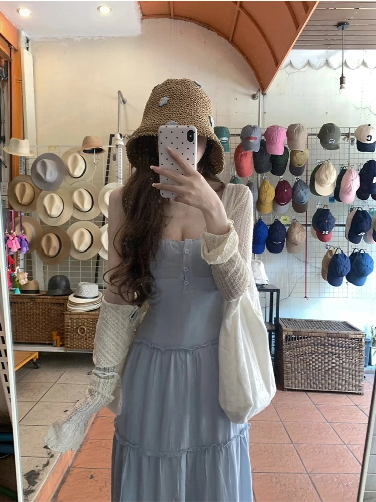 

Blue Summer Vacation Style Women's Dress plus Size Waist-Cinching Long Gown Two-Piece Set Korean Version A-Line Skirt