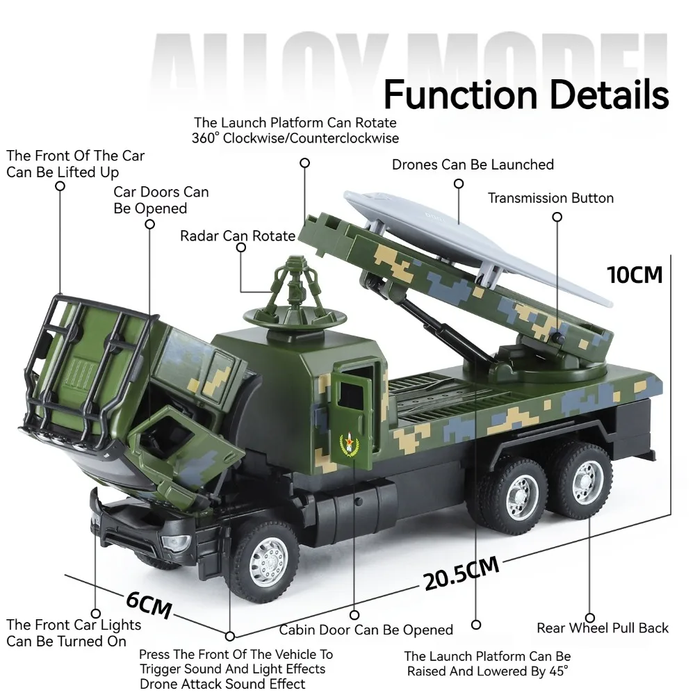1:32 Scale Drone Launch Model Car Toy Rotatable Launch Pad  Alloy Diecast Sound Light Pull Back Military Vehicles for Kids Gifts