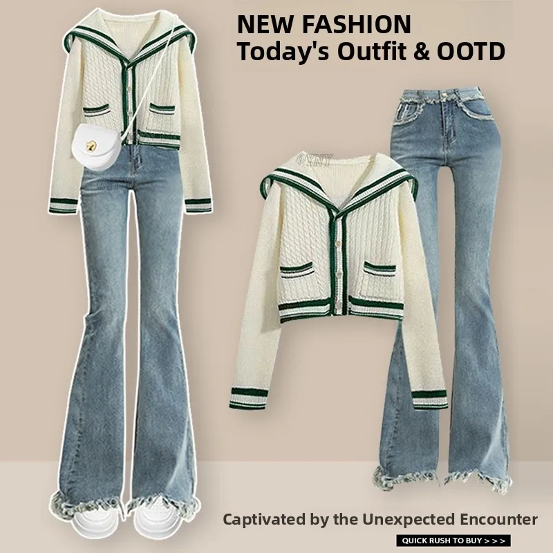 

Women's Knitted Long Sve Top And High Waist Jeans Set Autumn Faion Ensemble Soft Tea Color Scheme Casual Workwear