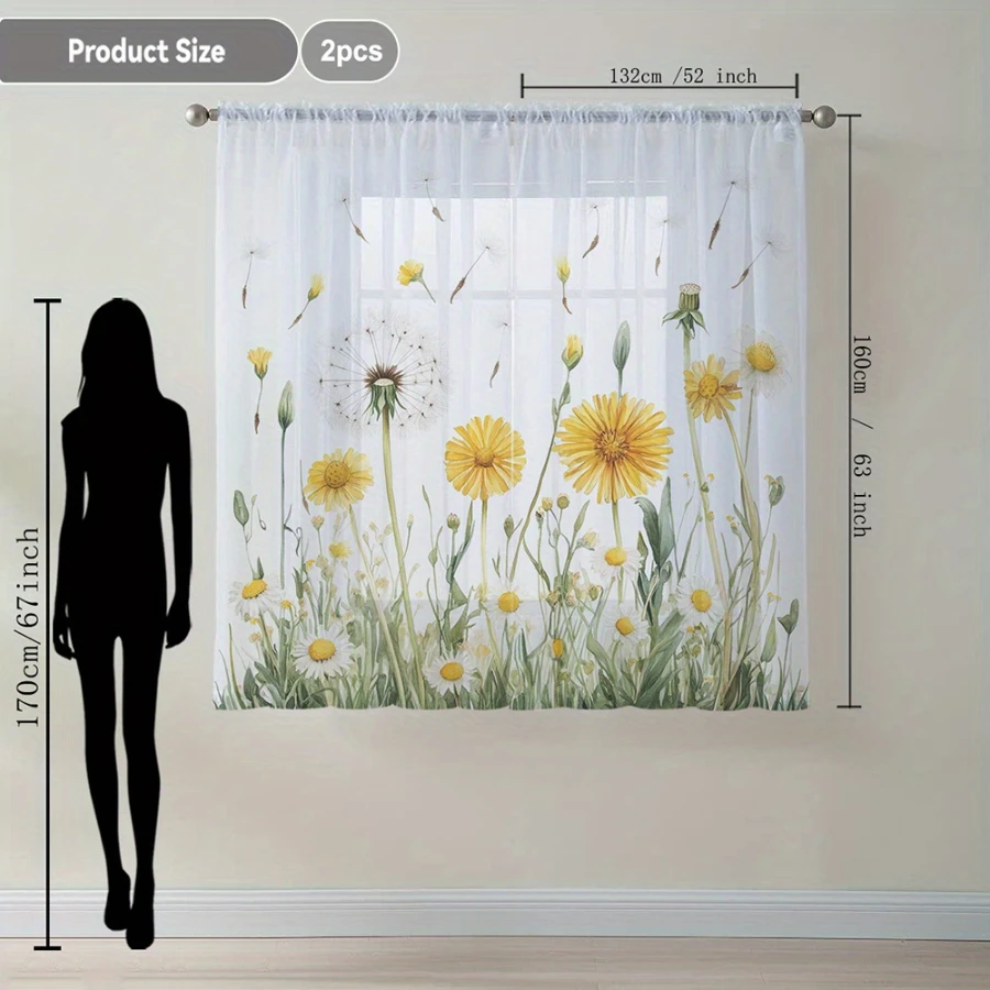 2PCS Digital Print Sheer Curtains, Yellow Chrysanthemum Dandelion, Autumn Golden Floral for Bedroom Living Room Home Decor