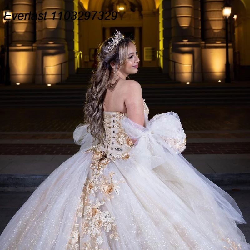 EVLAST Sparkly Ivory Quinceanera Dress Ball Gown 3D Gold Flowers Applique Beading Mexico Sweet 16 Vestidos De XV 15 Anos TQD723