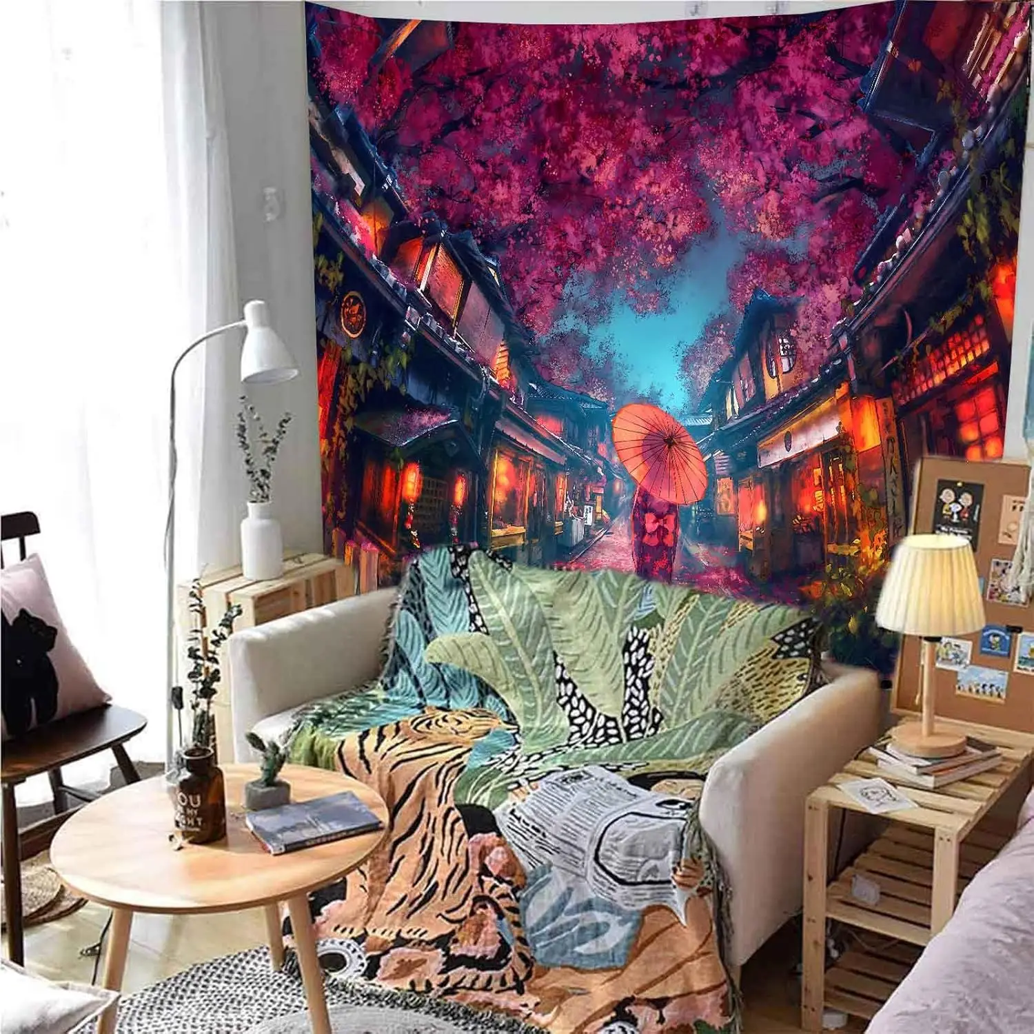 Japanese Anime Tapestry Ancient Japanese Night Street Landscape Tapestry, Cherry Blossom Lantern Tapestry Large Flannel Art