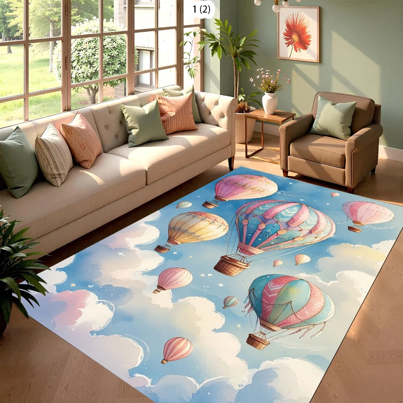 Colorful Hot Air Balloon Area Rug with Clouds Soft Carpet for Living Room Bedroom Decor Floor Mat Home Decoration  Room Gift