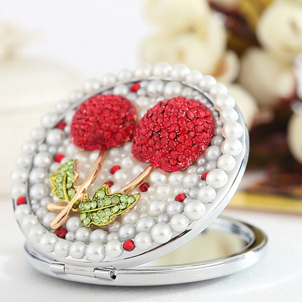 Mini specchio per il trucco pieghevole a doppia faccia con design a ciliegia, compatto e portatile, per le donne, leggero, essenziale da viaggio