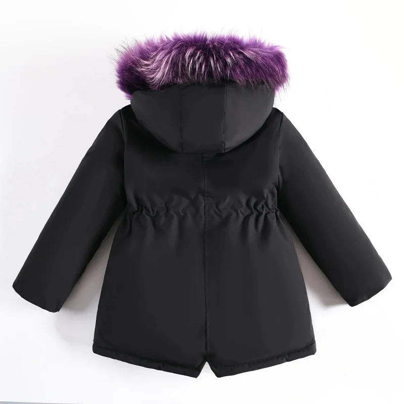 4-12 years Girls\' winter new style with plush and thick cotton coat, children\'s large fur collar, medium to long cotton jacket