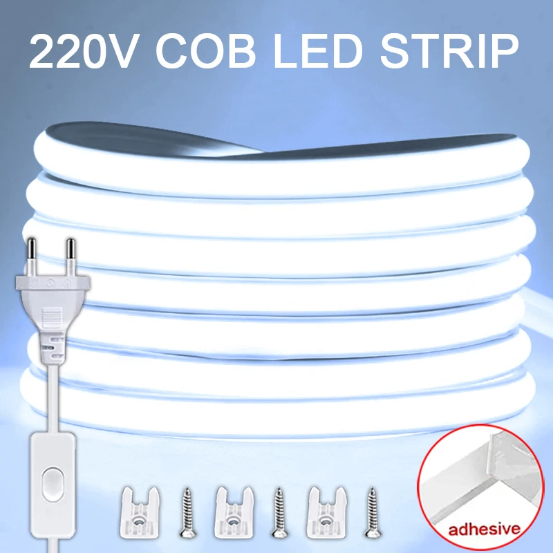 COB LED Strip High Brightness EU Plug with ON/OFF Switch 220V Led Strip for Room Bedroom Kitchen Outdoor Garden Lighting