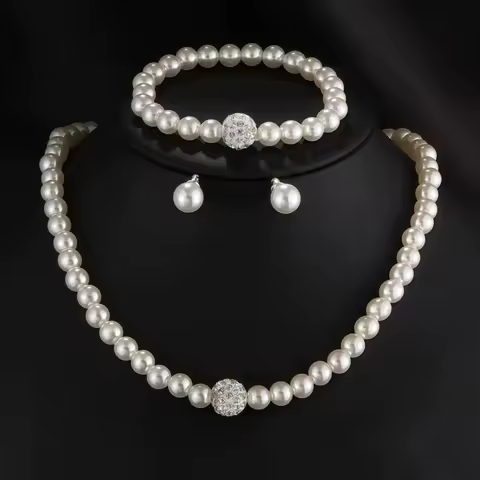 3 PCS Imitation Pearl Fireball Necklace Bracelet Earring Stud Jewelry Set Silver Color Crystal Stone Elegant Bridal Jewelry Gift