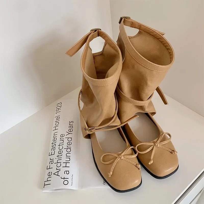 

Fashion Mid Calf Boot for Women Square Round Toe Bow Knot Daily Wear Party Shoes Buckle Women Fashion Boots Shoes