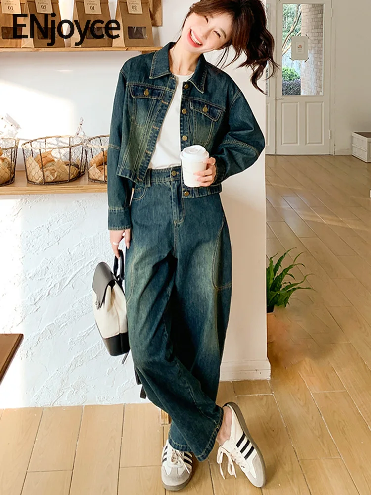 

ENjoyce Vintage Denim 2 Piece Sets Women Jackets Crop Tops and Jeans Outfits Suits Korean Fashion Y2K Streetwear Spring Fall