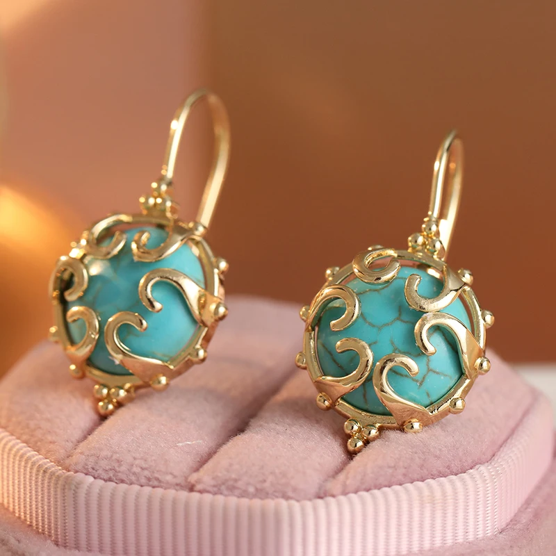 Vintage Chic Design Inlaid Synthetic Turquoise Hollow Dangle Earrings for Women Elegant Luxury Festival Celebration Fine Jewelry