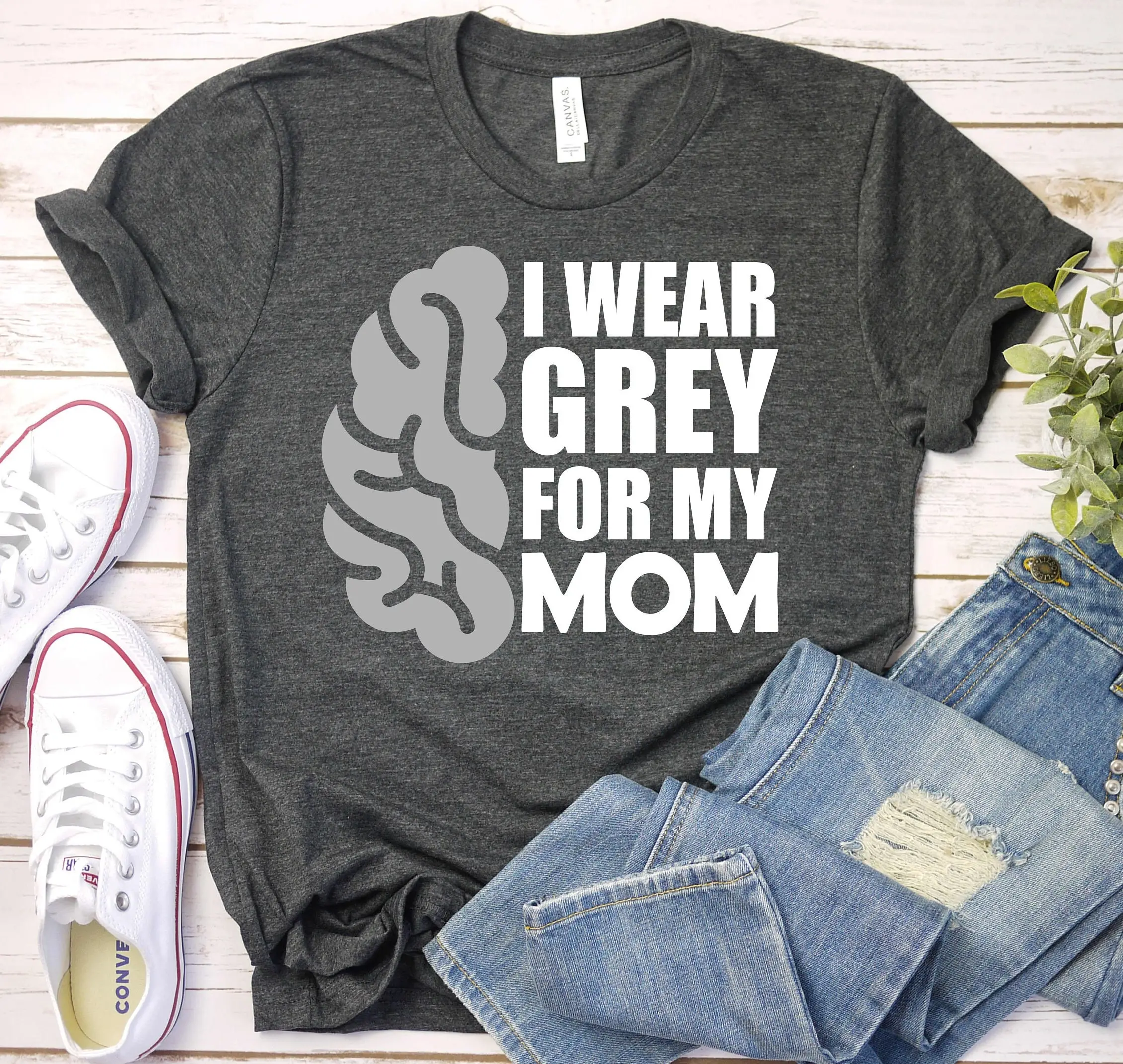 I Wear Grey For My Mom Brain Cancer T Shirt Tumor Awareness Gray Ribbon We